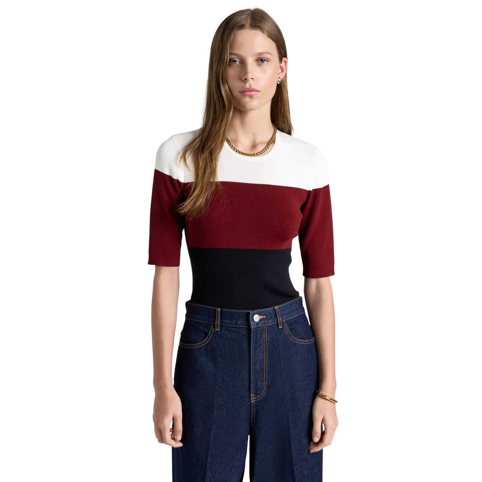 Cue Maroon Colour Block Short Sleeve Knit